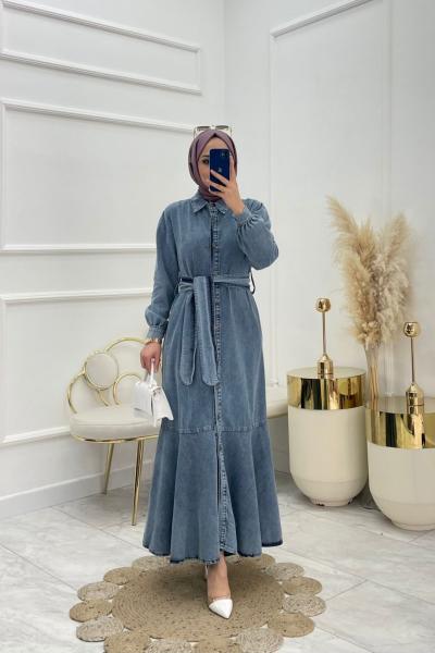 Gamze Tesettür Elbise Mavi  Mavi