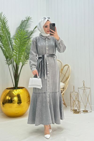 Gamze Tesettür Elbise Gri Gri