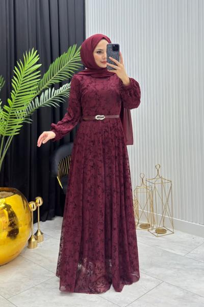 Gonca Dantel Elbise Bordo Bordo
