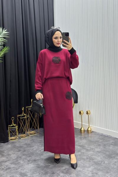 Gül Detay Takım Bordo Bordo