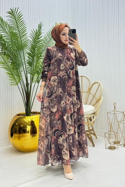 Harmony Tesettür Elbise Kahverengi  Kahverengi