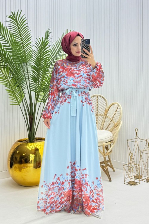 Henna Tesettür Elbise Mavi Mavi