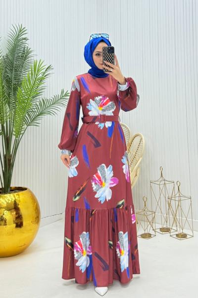 Hüma Tesettür Elbise Kiremit  Kiremit