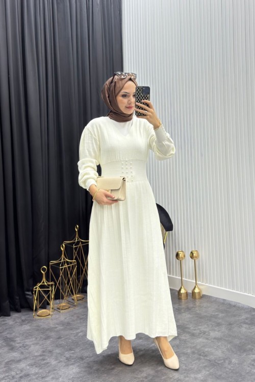 İnci Detay Elbise Kahverengi  Taş