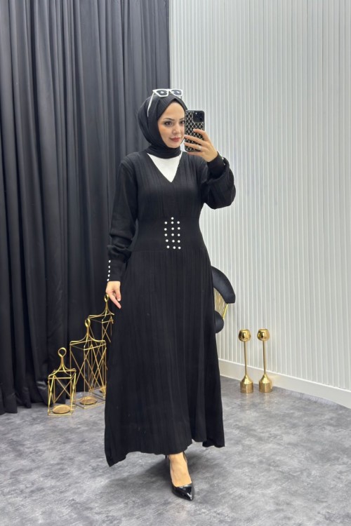 İncili Elbise Siyah Siyah