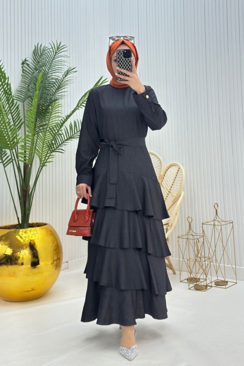 Kat Kat Tesettür Elbise Siyah Siyah