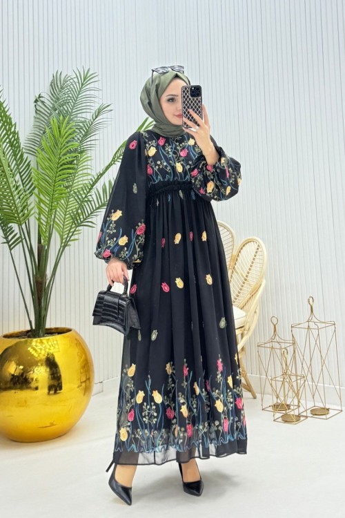 Lora Tesettür Elbise Siyah Siyah