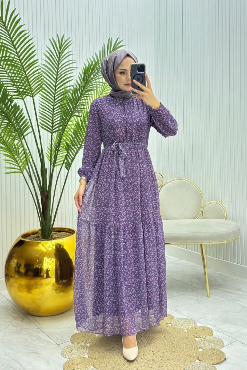 Mery Tesettür Elbise Mor Mor