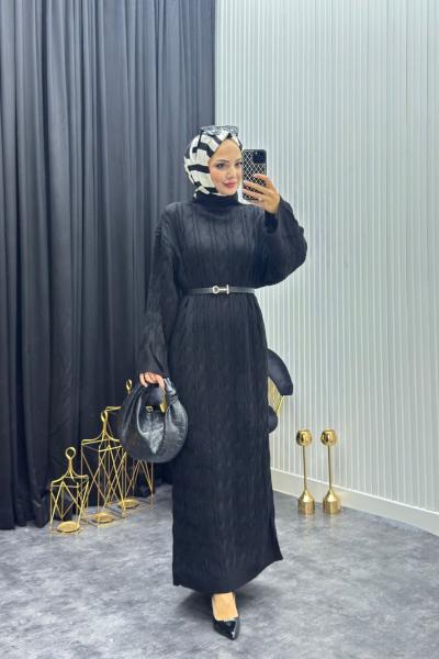 Örgü Desen Elbise Siyah Siyah