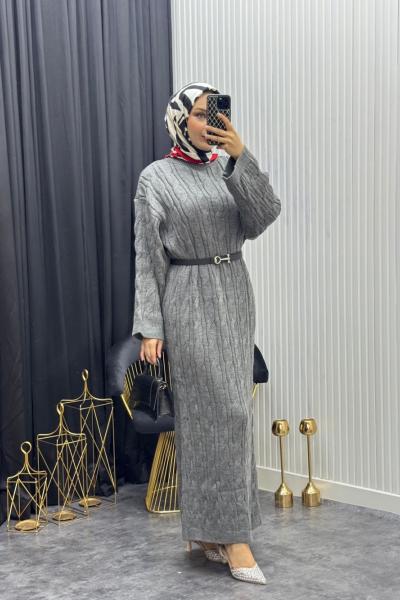 Örgü Desen Elbise Gri Gri