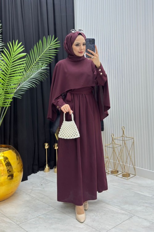 Pelerinli Elbise Bordo Bordo