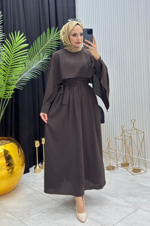 Pelerinli Elbise Kahverengi Kahverengi
