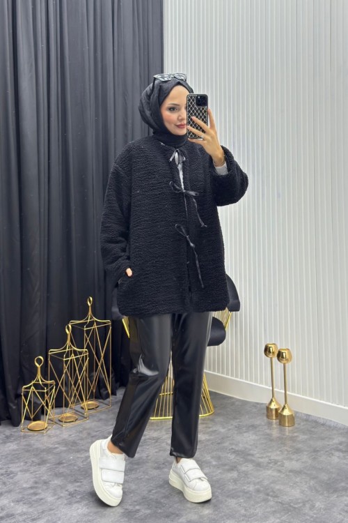 Peluş Mont Siyah Siyah