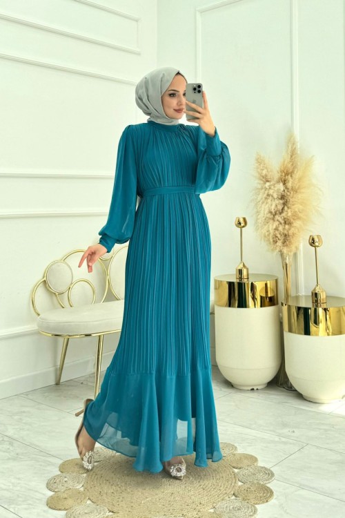 Pera Tesettür Elbise Petrol Yeşili  Petrol Yeşili