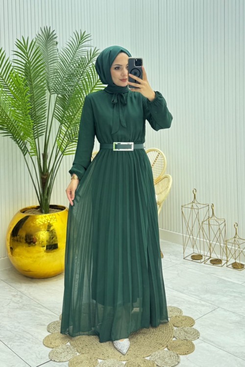 Piliseli Şifon Elbise Zümrüt  Zümrüt