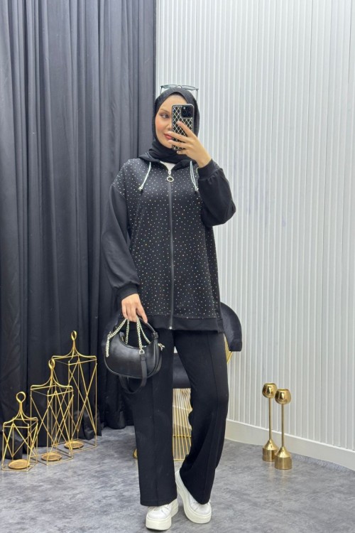 Premium Taşlı Takım Siyah Siyah