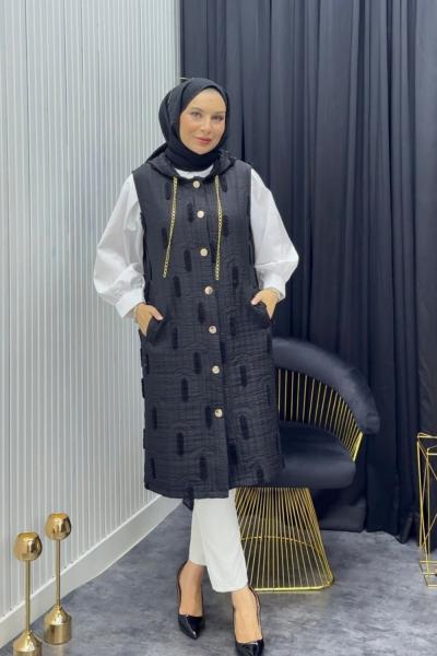 Püskül Detay Yelek Siyah Siyah