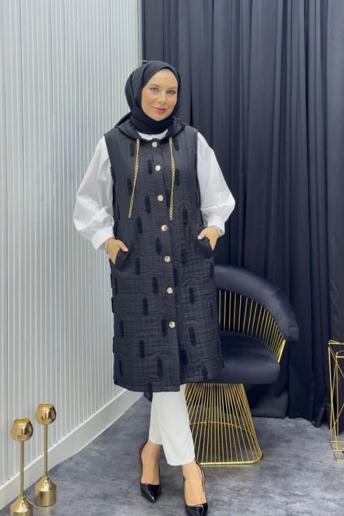 Püskül Detay Yelek Siyah Siyah