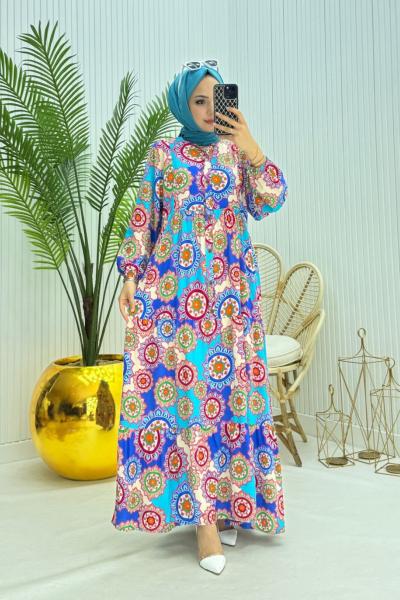 Rengarenk Tesettür Elbise Saks Mavisi  Saks Mavisi