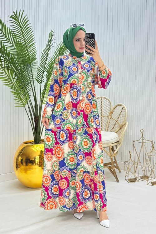 Rengarenk Tesettür Elbise Yeşil Yeşil