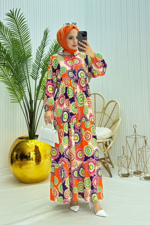 Rengarenk Tesettür Elbise Turuncu Turuncu