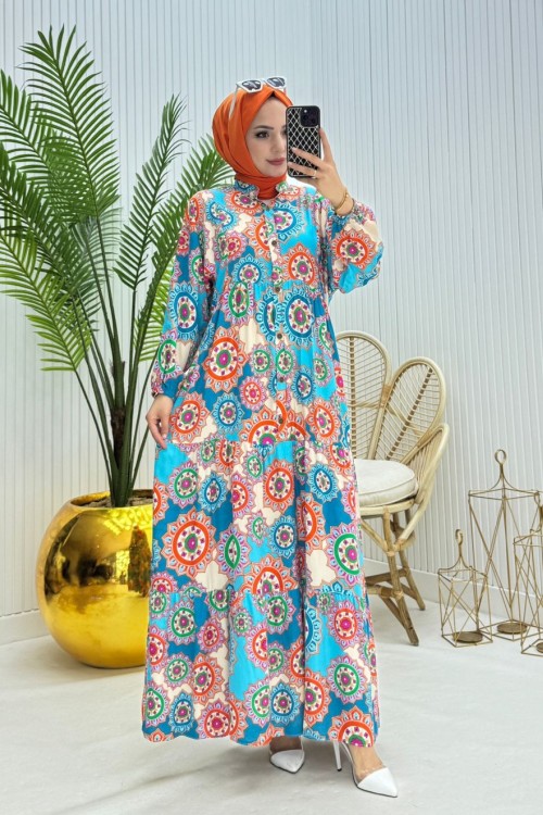 Rengarenk Tesettür Elbise Turkuaz  Turkuaz