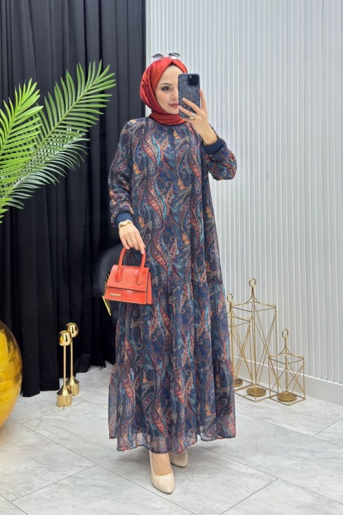 Şal Desen Tesettür Elbise Petrol Petrol Mavisi