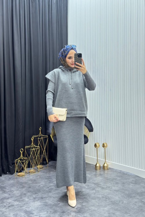 Süveterli Elbise Gri Gri