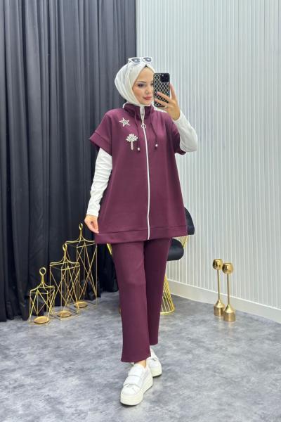 Taş Detay Yelekli Takım Bordo
