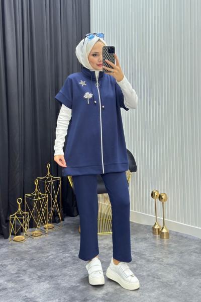 Taş Detay Yelekli Takım Lacivert