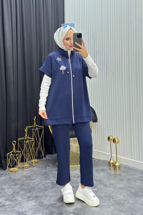 Taş Detay Yelekli Takım Lacivert