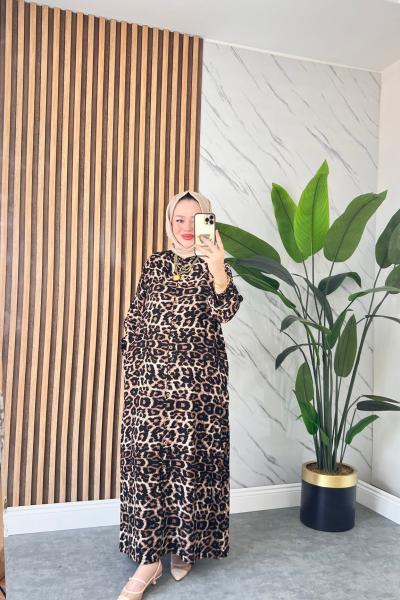 Leopar Pamuklu Viskon Elbise